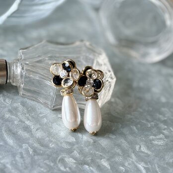 P737-ヴィンテージピアス Cut Glass Rhinestone Floral Drop Pearl