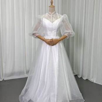 パーティードレス ヘップバーン風 クラシカル ロングドレス パフスリーブ 前撮り くるみボタン