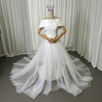 ウエディングドレス+オーバースカート クレープ生地 オフショルダー スレンダーライン 繊細レース 結婚式