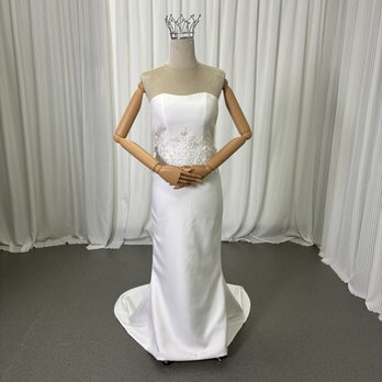 ウェディングドレス ベアトップ スレンダーライン クレープ生地 ミニトレーン 編み上げ 2次会