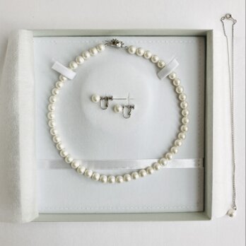 貝パールネックレス3点セット/ネックレス+イヤリングorピアス+1粒ネックレス/ホワイトピンク/ケース付/日本製