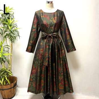 着物リメイク　大島紬花柄ロングワンピース　ジャンパースカート　2WAY ゆったり　Lサイズ　ウエストギャザー　大人かわいい　上品