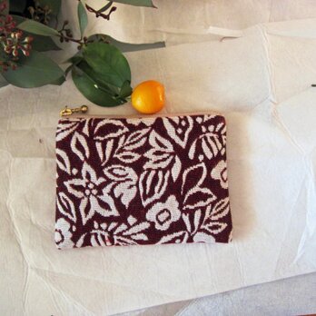 フランス生地　咲く白い花　レンガ色（S)　コスメ入れ　鍵入れ　カード入れ　薬入れ