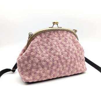 花柄刺繍　がま口ショルダーバッグ　ポシェット　20.5cm口金　くすみピンク　584