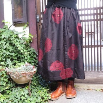 着物リメイク☆アンティークの大島紬裾切り替えロングスカート80ｃの画像