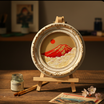 油絵 円形ミニ絵画【赤富士】【金】モダンインテリアアート