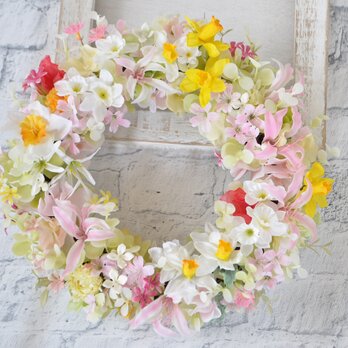 オーダー　raさま　水仙とピンクのダイアモンドリリー　リース：春　ピンク　白　黄