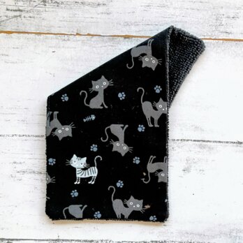 猫　ハンカチタオル　ハーフハンカチ　黒　名入れ　マイクロファイバータオル