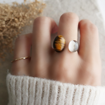 天然石イエロータイガーアイとスモーキークォーツのフォークリング　金アレ対応