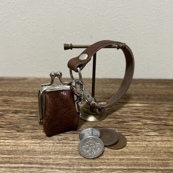 姫路レザーminiminiコインケース◆焦げ茶　革財布　キーホルダー　小物入れ　バックチャーム　がま口