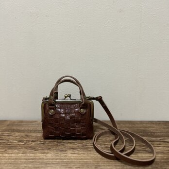 姫路レザー編み込みminiminiポシェット◆焦げ茶　小物ポーチ　がま口　サコッシュ