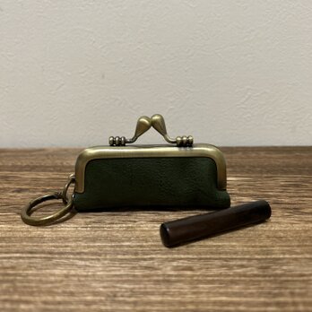 姫路レザーがま口印鑑ケース◆グリーン　ハンコケース　キーホルダー　小物入れ　バックチャーム　がま口