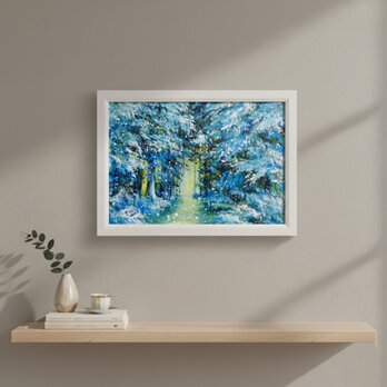 油彩画【雪の森の光】冬の風景