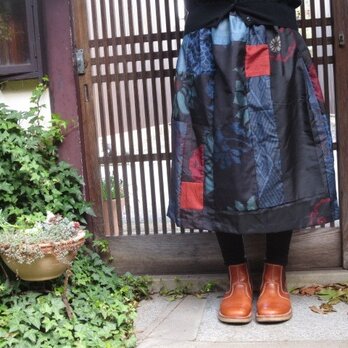 着物リメイク☆渋大島でパッチ＆パッチ粋な赤も入れて72cm丈の画像