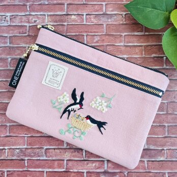 つばめファミリーの春色ダブルファスナーポーチ/フラットポーチ/通帳ポーチ/お薬手帳ポーチ