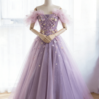 カラードレス オーキッド オフショルダー 花モチーフ Aライン スレンダーライン 演奏会/音楽会