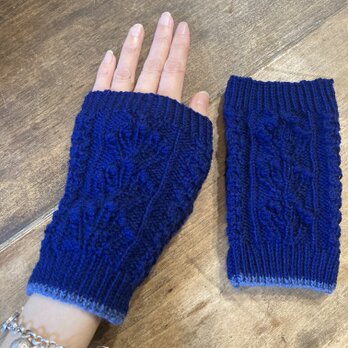 ハンドウォーマー*ブルー系*英国ウール100%*ニット*孔雀の頭*ミトン*手袋*リストウォーマー*民族衣装や古着好きさんに