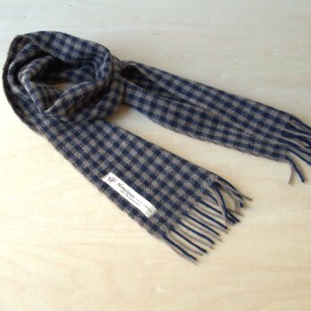 ホームスパン・カシミヤプチマフラー　ナチュラルと紺色のギンガムチェック