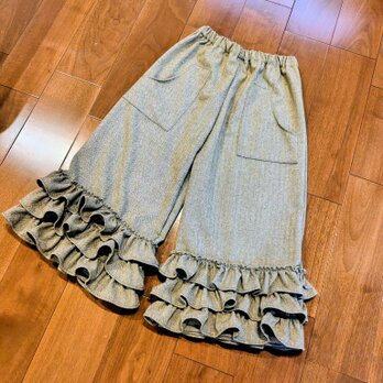 新春セール！ブラウンベージュヘリンボーンウール3段フリルワイドパンツ