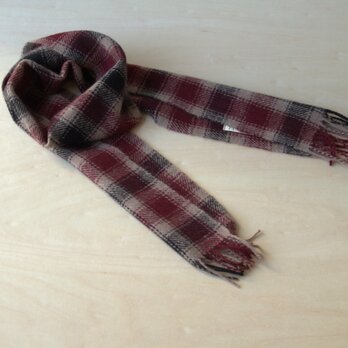 ホームスパン・カシミヤプチマフラー　ナチュラルと黒・えんじ色のチェック