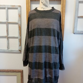 透け感ニット❤️ボーダー柄ドルマン袖ニットチュニックワンピース　カーキモカ（サイズフリーL）