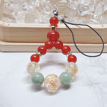 【還暦祝いに◎長寿・健康・安定】 金龍・水晶・赤メノウ・翡翠・シトリンファントム パワーストーンストラップ No756S