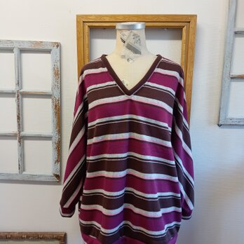 大人ボーダー❤️V首ボーダー柄ドルマンニットトップス　エンジ（サイズフリーL〜LL）