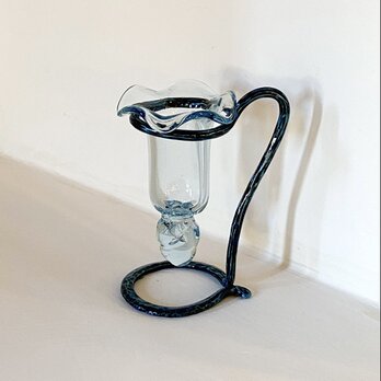 キャンディ型ガラス花器(ライトスモークブルー×ブルーアーム)