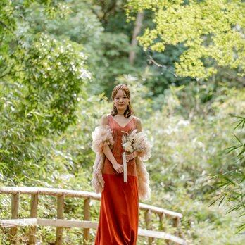 実例写真！カラードレス Vネック ツーピース テラコッタ色 トップス+キャミソール ラッフルフリル 前撮り 大人っぽい