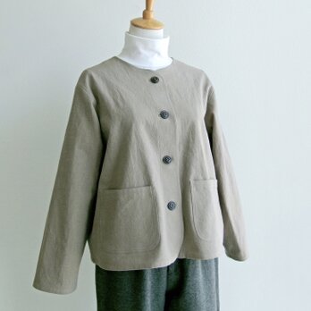 国産綿麻キャンバスのゆったりノーカラージャケット＊モカベージュ