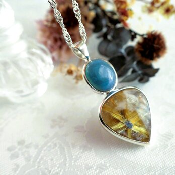 太陽ルチル スウェディッシュブルー×天然石ペンダント｜フクリン 鏡面 ゴールド｜ギフト・縁起もの・ユニセックス