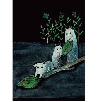 絵本と原画セット 絵本「猫木霊と黒猫木霊」 徳島洋子作品 原画タイトル「道をわたる猫木霊」