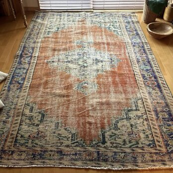 大判162×227 夕焼けオレンジ　擦れ　メダリオン　トルコヴィンテージラグ