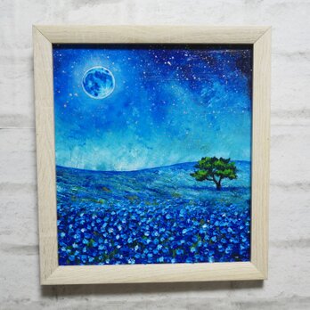 油絵 油彩 油彩画 絵 絵画 【ネモフィラと青い満月と星空】