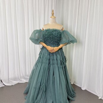 パーティードレス ミントグリーン ベアトップ シースルー袖 ラッフルフリル デザイン感 リボン 編み上げ 前撮り