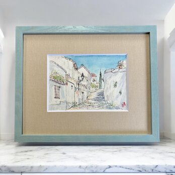 坂道をのぼれば(スペイン、グラナダ、原画、透明水彩、額付き）