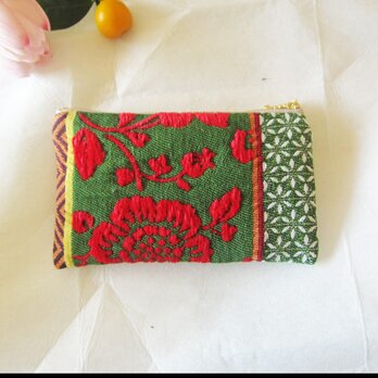 フランス生地　大きな花薔薇の刺繍とドット　盛りだくさんの素敵なポー（MS）コスメ入れ　薬入れ