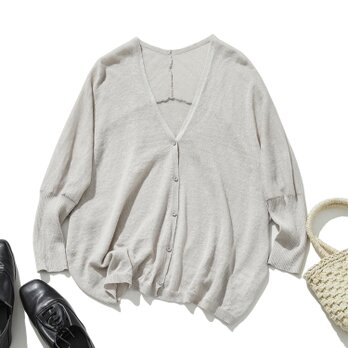 ★サンプルセール　1点のみ★暑い季節も涼しげに！九分袖リネンカーディガン　UVカット　日焼け止め　ライトグレー　240701-2