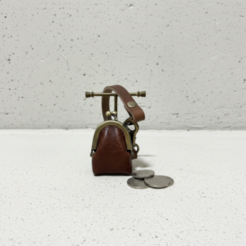 姫路レザーminiminiコインケース◆焦げ茶　革財布　キーホルダー　小物入れ　バックチャーム　がま口