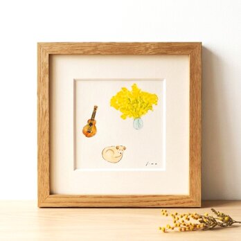 「ミモザと犬とウクレレ」原画 ※木製額縁入り（18㎝角）一点物 水彩 イラスト 北欧インテリア　