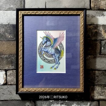 原画 1点もの ボールペン画 日本人作家 絵画 絵 アート 額入り 額装付き 現代アート インテリア ペガサス 馬 干支 馬の絵