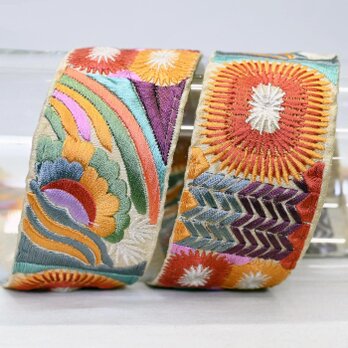 インド刺繍リボン50cm切り売り ボーホーフラワー オレンジ 4.8cm幅 花 HC ボヘミアン R-0836