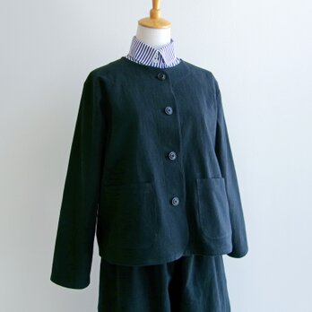 国産綿麻キャンバスのゆったりノーカラージャケット＊黒