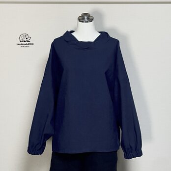 ★ツイストカラーのふんわりプル　長袖【やわらかコットンリネン】ネイビー◆フリーサイズ