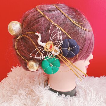 鶴☆成人式髪飾り☆卒業式髪飾り☆お祭り髪飾り☆袴ヘア☆振袖ヘア☆和玉☆水引☆梅の花☆つまみ細工☆ヘアパーツ☆結婚式髪飾り☆白無垢