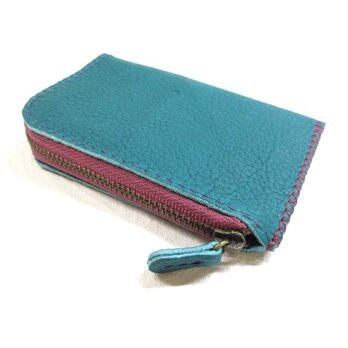 SALE開始～  《牛革》スリムタイプ・Ｌ字ファスナー・コインケース・ソフトシュリンク・ターコイズ・0005