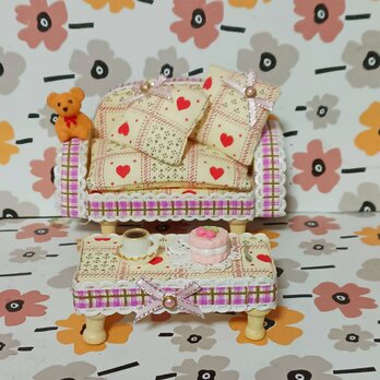 ミニチュアソファセット テディベア・ケーキ・コーヒー付き　８点セット