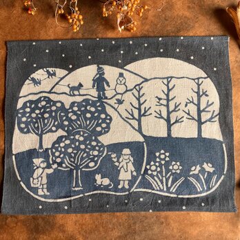 藍錠・ベンガラ泥染め染布　ミカンの国の冬