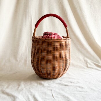 ラタン（籐）の手編みカゴバッグ/ころんと可愛いドングリかごバック　インナーバッグ　ギンガムチェック