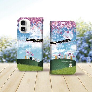 iPhone専用 手帳型スマホケース （カメラ穴あり/はめ込み式/スタンド機能付き）【ほのぼのにゃんこ（さくら銀河鉄道）】